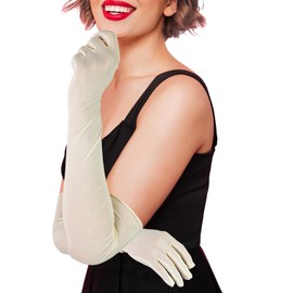 Luwint Extra Long Tulle Mesh Gloves for Opera Party Costume Sun Protection Formal Elegant (Long Gloves, Beige)