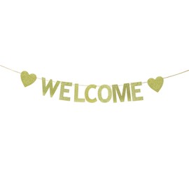 Kunggo Welcome Hanging Sign Banner- Gold Glitter First Day of School, Office, Baby Shower, Homecoming, Reunion, Military Army Homecoming Party Decorations.