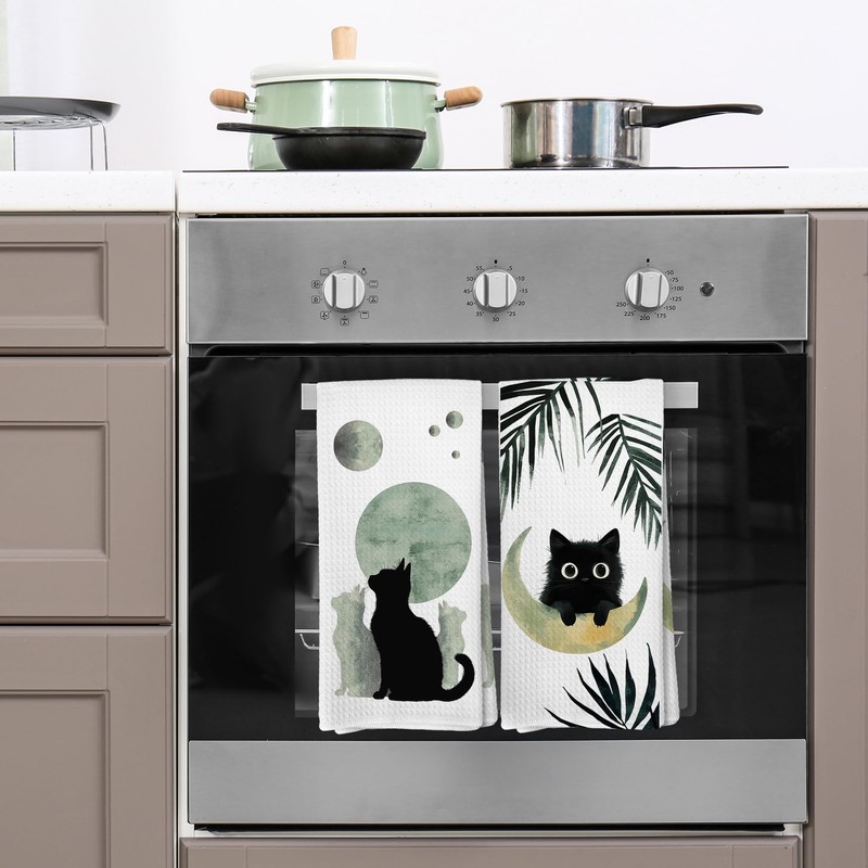 Zeuiwr Boho Black Cat Kitchen Towels Set of 4, Sage
