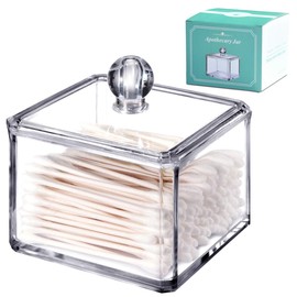 SheeChung Modern Square Acrylic Qtip Holder - Clear Apothecary Jar with Lid - Bathroom Vanity Storage Canister for Cotton Swabs, Balls, Pads - Compact Makeup Sponge Organizer