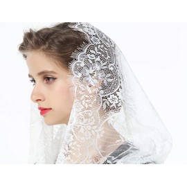 BEAUTELICATE Lace Mantilla Scarf Veil Tulle Stole Black White For Women Church Fair Chapel Catholic Bride Bridesmaid V100, White
