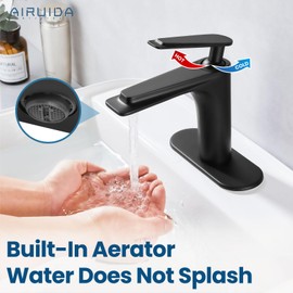 Airuida Single Handle Bathroom Sink Faucet 1 or 3 Hole Washbasin Mixer Tap Deck Mount Solid Brass Material Bath Lavatory Short Vanity Bathroom Faucet with Pop Up Drain and Deck Plate Matte Black
