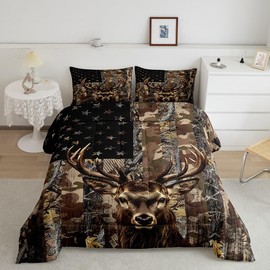 Feelyou Camo Deer Comforter Set for Boys Camouflage Cabin Lodge Deer Hunting Comforter American Flag Bedding Set Twin Size Military Style Aniamls Brown Green Duvet Set 2Pcs with 1 Pillow Case