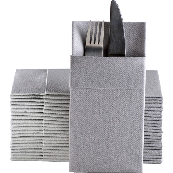 Silver Dinner Napkins Cloth Like with Built-in Flatware Pocket, Linen-Feel Absorbent Disposable Paper Hand Napkins for Kitchen, Bathroom, Parties, Weddings, Dinners or Events, Pack of 50