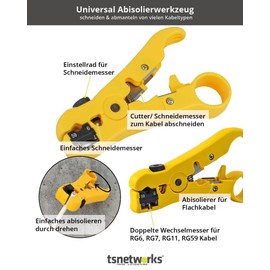 tsnetworks Cable Stripper for Coaxial Cable, Antenna Cable, Data Cable, Cat.5 - Cat. 8 Installation Cable, Telephone Cable and Much More Universal Stripping Tool