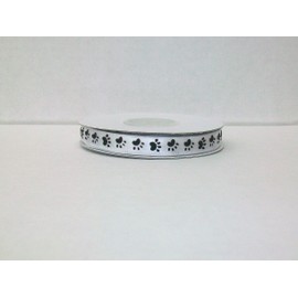 Dog Paw Print Satin Ribbon 3/8 Inch 25 Yards - White Background/Black Paw Print