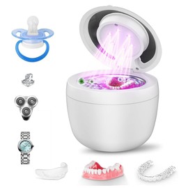 Staredy Ultrasonic Retainer Cleaner for Dentures,Oral Dental, 6 UV Lights-4 Mode-200ML Denture Cleaner Machine for Aligner,Braces, Jewelry with Mouth Guard Cleaner-Touchscreen (white)