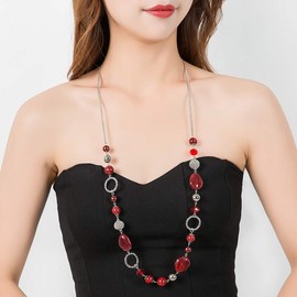 BULINLIN Long Beaded Silver Necklace for Her Crystal Bead Sweater Chain Fashion Jewelry Necklace Birthday Gifts for Women Mum(Red)