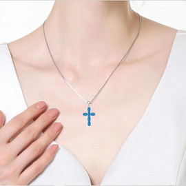 Aprila Women Necklace 925 Sterling Silver Cross Pendant Necklace with Cubic Zirconia March Birthstone Aquamarine Color Jewelry