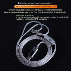 KZ M2 USB C IEM Cable con doble micrófono, DSP Tipo-C cables plateados 4.10