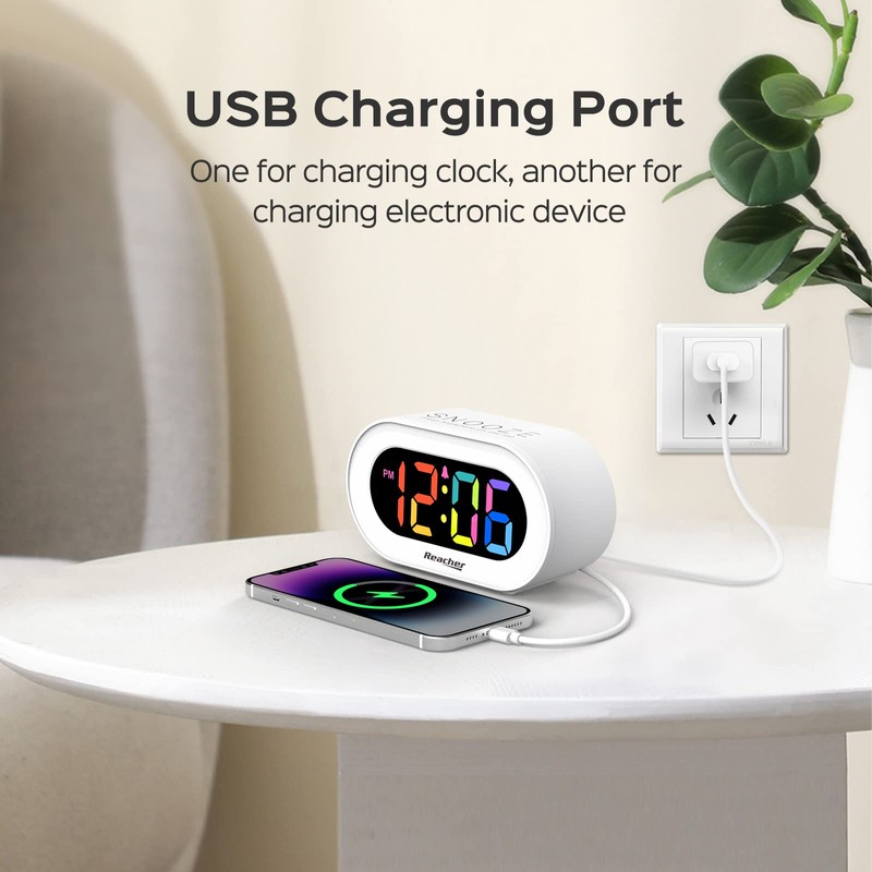 REACHER Kids Alarm Clock with USB Charger, Dimmable Rainbow LED