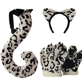 TINTON LIFE 4 Pack Fluffy Snow Leopard Cosplay Costume Set Soft Plush Animals Ears Headband Tail Paws