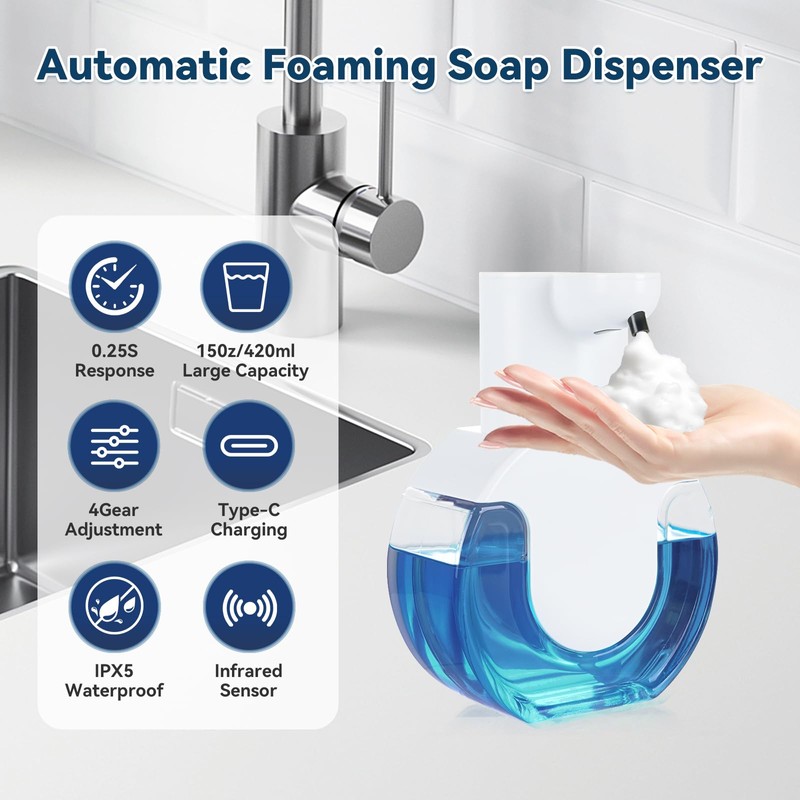 Automatic Soap Dispenser Touchless,Rechargeable Foaming Soap Dispenser,15oz/420ml Smart Hand Soap