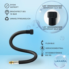 LAXARA Premium Connection Set Matt Black - Angle Valve 1/2 Inch x 3/8 Inch Flex Hose 3/8 Inch x M10 + Teflon Tape | DVGW Tested for Kitchen, Bathroom & Drinking Water | For Tap, Kitchen Tap and Bidet