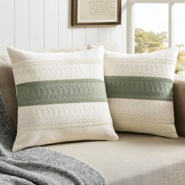 ZeeMart 2 Packs Cotton Boho Throw Pillow Covers 16x16 Inch Contrast Green, Soft Farmhouse Decorative Couch Pillow Cases Sage Green Cushion Covers for Sofa Bed Living Room Home Decor