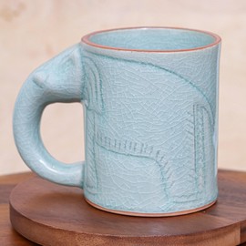 NOVICA Artisan Handcrafted Celadon Ceramic Mug Elephant Green Thailand Tableware Dinnerware Mugs Cups Animal Themed [3.8in H x 5in W x 3.1in D 8 Oz.] ' Calming Cup'