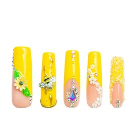 LOVFUL Press on Nails Honey Bee Yellow| Handmade with Full Covered Crystals| Reusable Fake Nails| Square Mid length 1.7in| H101-M