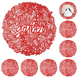 Red Gather Leaf Placemats Set of 8,Christmas Fall Thanksgiving Round Placemat Hollow Table Mats for Party,Wedding and Home Dining Kitchen Table Decoration (15.74X15.74inch)