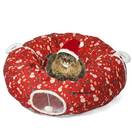 LUCKITTY Cat Tunnel Bed in 3FT x 3FT x 9.8IN - Decorative Christmas Style with Snowman and Glove Patterns - Red Color Perfect for Festive Felines