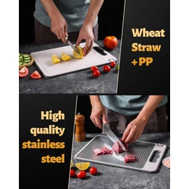 Stainless Steel Cutting Board for Kitchen 15×10 in Double Sided Non-Slip Scratch-Resistant Mesh Design with Juice Groove Food-Grade Wheat Straw PP Large Chopping Board