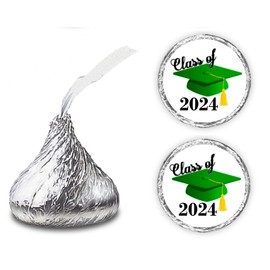 216 Graduation Party Cap Class of 2024 Favor Kisses Stickers Labels (Green)