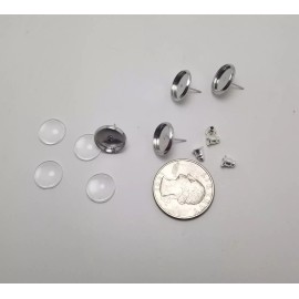 DIY Blank Silver Stud Back Earrings with 12 mm glass Cobochons 8 pc lot Bezels