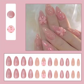 Gloss & Go 24 Reusable Artificial Fake Nail Set| Light Dark Peach Color With Baby Pink Bow And Glitter Glossy Nails| Lightweight & Long Lasting| Quick Fix For Festivals & Special Occasions
