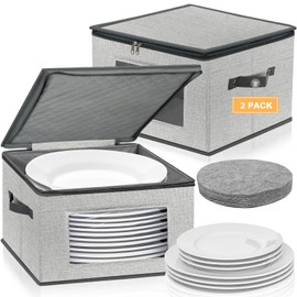 China Storage Containers, 12 Inch Dinner Plate Dish Storage Containers, Hard Shell Quilted Dinnerware Storage Box Case with Lids and Felt Protectors for Dishes Plates Storage and Moving (Light Grey)