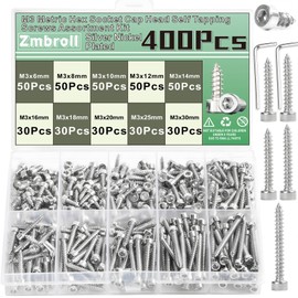Zmbroll M3 Socket Head Cap Self Tapping Screw Silver Grade 8.8 Carbon Steel Metric 400pcs M3x6/8/10/12/14/16/18/20/25/30mm Socket Allen Head Self Drilling Fastener Hex Drive Wood Screws