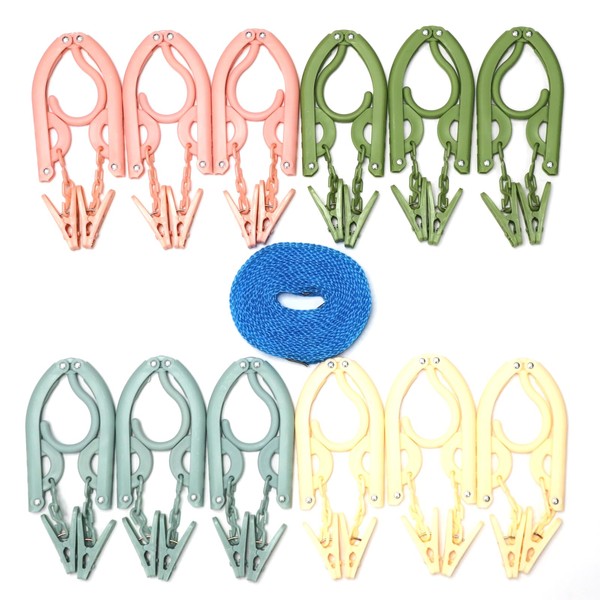 Travel Hanger, Portable Hanger, Foldable, Clothes Hanger, Laundry Hanger, Set of 12, 1 Laundry Rope, For Travel, Business Trips, Clothes Dryer, 4 Colors, 24 Pinches Included, Lightweight