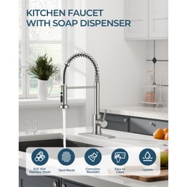 FORIOUS Kitchen Faucet with Pull Down Sprayer, Brushed Nickel Stainless Steel Single Handle Classic Spring Commercial Sink Faucet for RV Camper Bar Farmhouse Laundry