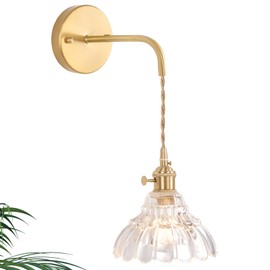 Shenmoyl Vintage Wall Sconce with Clear Lily of The Valley Shade Pattern Glass Adjustable Chain Retro Gold Wall Mounted Light, Modern Wall Lamp Fixtures Decor for Bedside Bedroom Indoor Doorway