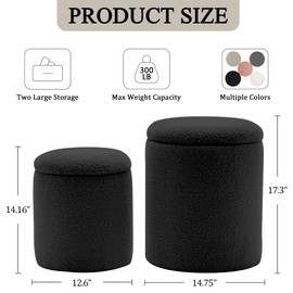 YSICK Round Ottoman with Storage Set of 2, Small Vanity Stool with Storage as Vanity Chair, Sherpa Black Ottoman Foot Rest for Small Space, Bedroom and Living Room