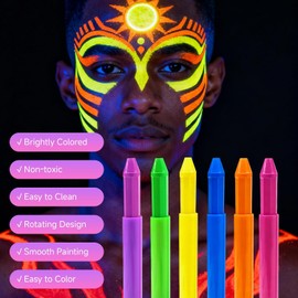 6Pzs Pintura De Cara De Neón Brillante UV, 6 Colores Pintura Corporal Ceras – Lavable, No Tóxico, Cera Lápiz UV Neón Para Rostro Y Cuerpo. Ideal para Cuerpo Mardi Gras, Fiesta De Disfraces