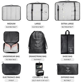 Packing Cubes for Suitcases, 9 Set Compression Storage Travel Luggage Organizers with Toiletry Bag, Shoe Bag & Electronics Bag - Luggage Organizers Suitcase Travel Accessories (Black)