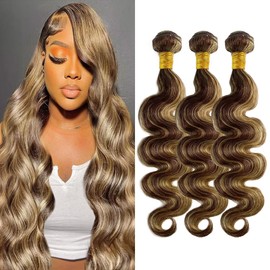 Dokksiiia Honey Blonde Body Wave Bundles Human Hair Ombre P4/27 Dark Brown and Honey Blonde (#4 & #27) Mix Highlight Piano Color Bundles Brazilian Human Hair Extensions 10 12 14 Inch for Black Women