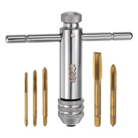 sourcing map T-Handle Ratchet Tap Wrench + Metric Tap Set, 5pcs M3 M4 M5 M6 M8 Ti-Coated Thread Taps and M3-M8 Adjustable 4.3" Short Ratcheting Wrench Hand Tapping Tools