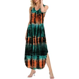 HUSKARY Boho Dresses for Women 2025 V Neck Printed Sun Dress Side Slit Rounded Hem Luau Long Dresses Large