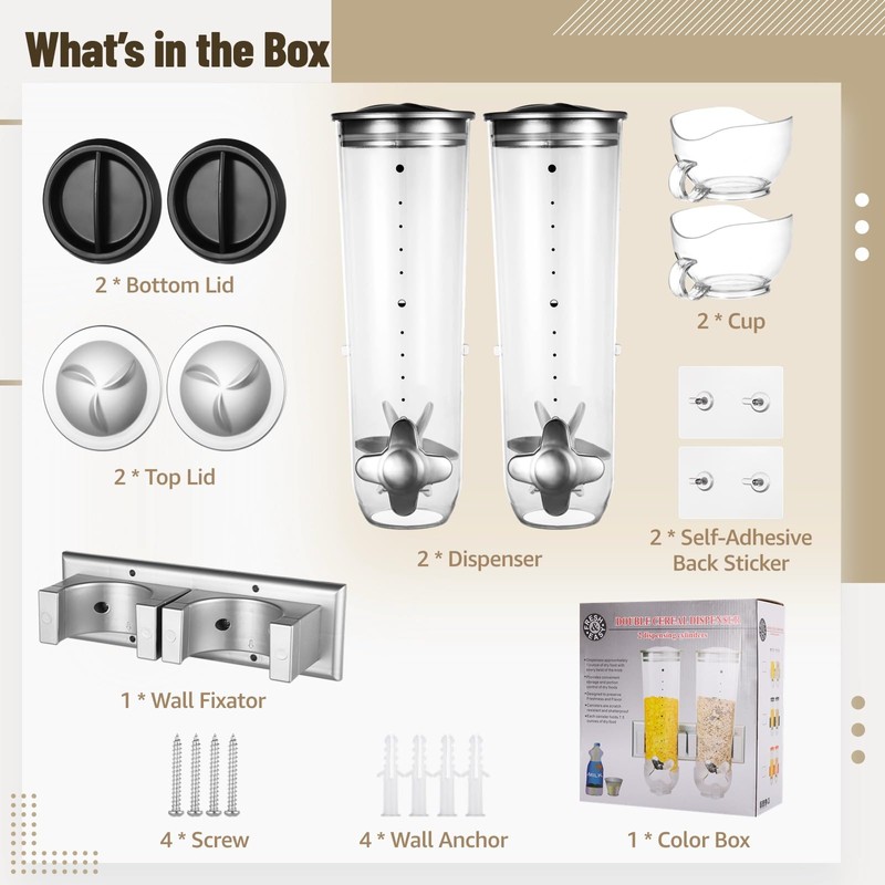 Dual-Headed Wall-Mounted Cereal Dispenser, 3L Large Capacity Dry Food Dispenser,