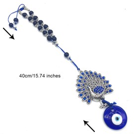 Blue Evil Eye Wall Hanging Ornament Amulet with Lucky Peacock for Home, Office, Car Decoration-Sign of Protection, Blessing and Strength