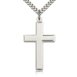 Heartland Store Classic High Polish Cross Sterling Silver Pendant for Men + 24 Inch 2.4mm Rhodium Plated Chain & Clasp| USA Made