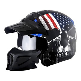 1Storm Motorcycle Full Face Helmet Open Face Helmet with Smoked Shield (Detachable Visor & Face Mask): HKY881S-E Skull Flag