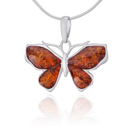 AMBEDORA Women's Necklace Small Butterfly I, Polished Sterling Silver, Baltic Amber in Cognac Colour, Silver Butterfly Pendant with Chain, Sterling Silver, Amber