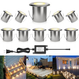 RNEHON 10 Pack Recessed LED Deck Light Kits, Aluminum Φ1.53in 12V DC Low Voltage IP67 Waterproof Outdoor Stair Step Lights, Warm White Deck Lighting for Garden, Yard Steps, Patio, Kitchen Decoration