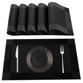 Lumaca Washable Placemats, Set of 6 Placemats Made of 70% PVC and 30% Polyester, Non-Slip, Heat Resistant, for Kitchen Table, Black