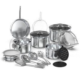 YSSOA 18-Piece Stainless Steel Kitchen Cookware Set, Including Saucepan, Casseroles with Tempered Glass Lid, Frypan, Steamer, Salad Bowl , Fryer Basket, Heat Resistant Mat & Utensils Set, Silver