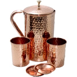 PARIJAT HANDICRAFT Pure copper pitcher drinkware accessories copper jug, tumbler with lid and glass for drinking Water (Hammered)