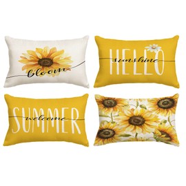 Set of 4 Sunflower Pillow Covers 12x20 Spring Summer Pillow Covers Yellow Floral Throw Pillow Covers Cushion Covers Lumbar Pillow Cases for Couch Sofa Patio Outdoor Home Decorations(12X20)