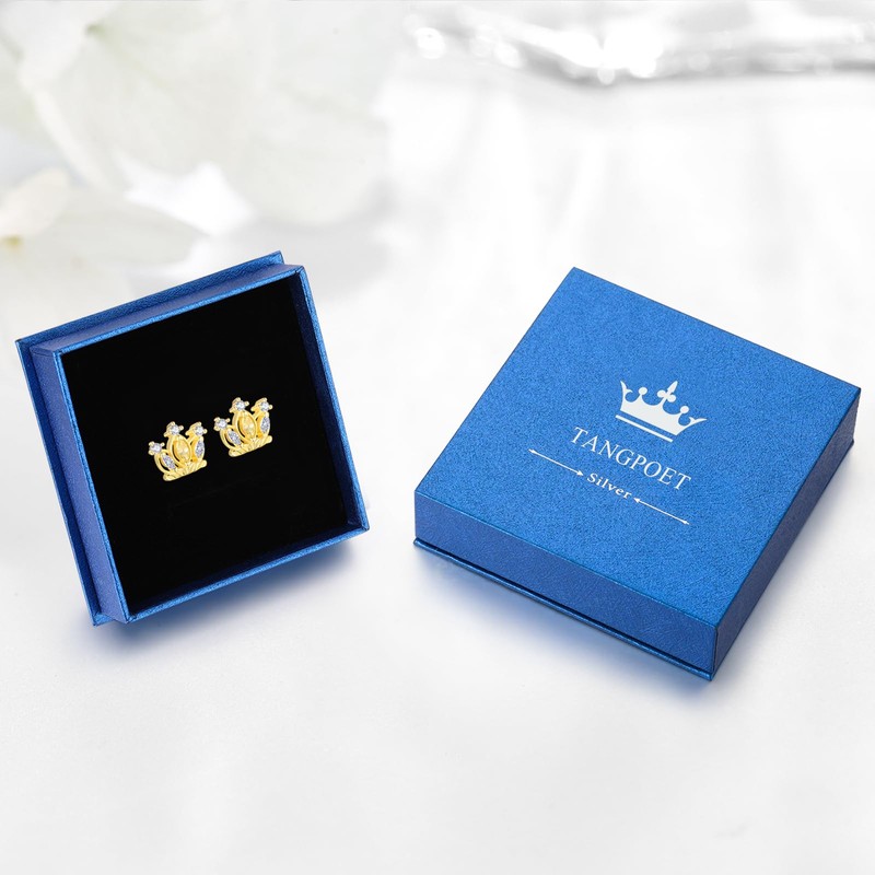 TANGPOET 24K Gold Plated Crown Earrings 925 Sterling Silver Enchanted