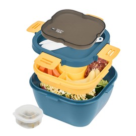 Restaurantware-Bento Tek 57.5 Ounce Bento Box, 1 Reusable Lunch Container - With Fork And Knife, Does Not Contain BPA, Blue And Yellow Plastic Reusable Lunch Box, Microwavable, Dishwashable
